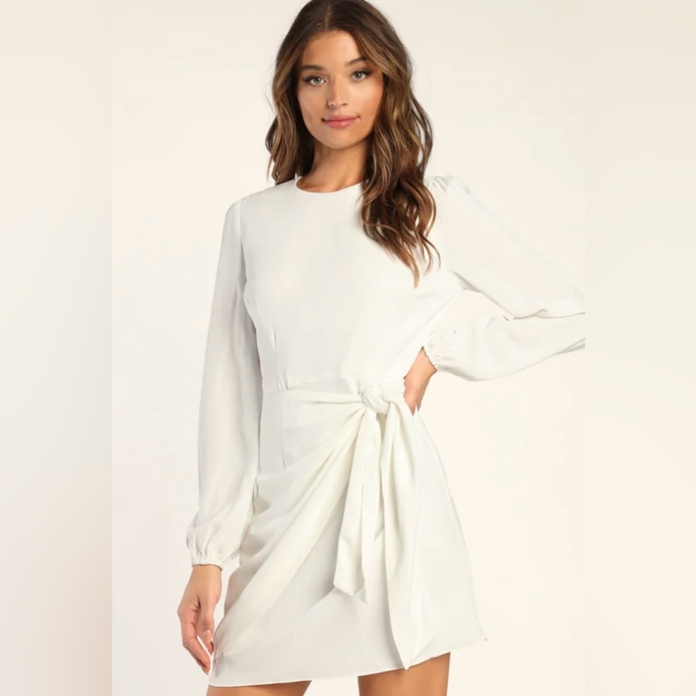 Lulu’s Believe It or Knot White Long Sleeve Tie-Front Skater Dress